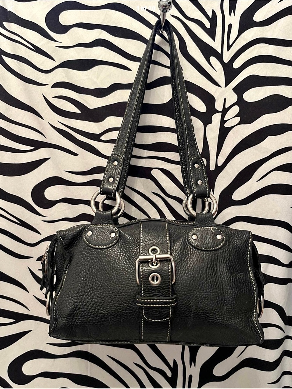 Roots Black Pebbled Leather Shoulder Bag with Buckle Detail